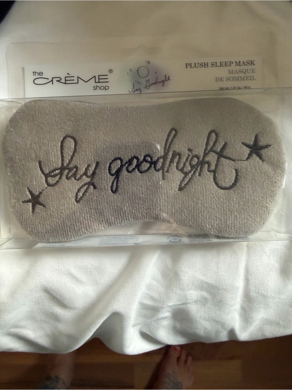 The Crème Shop Plush Sleep Mask in Gray - Say Goodnight